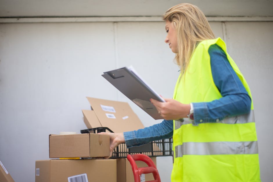 Pick and pack workstation with packing materials, label printer, and order queue display